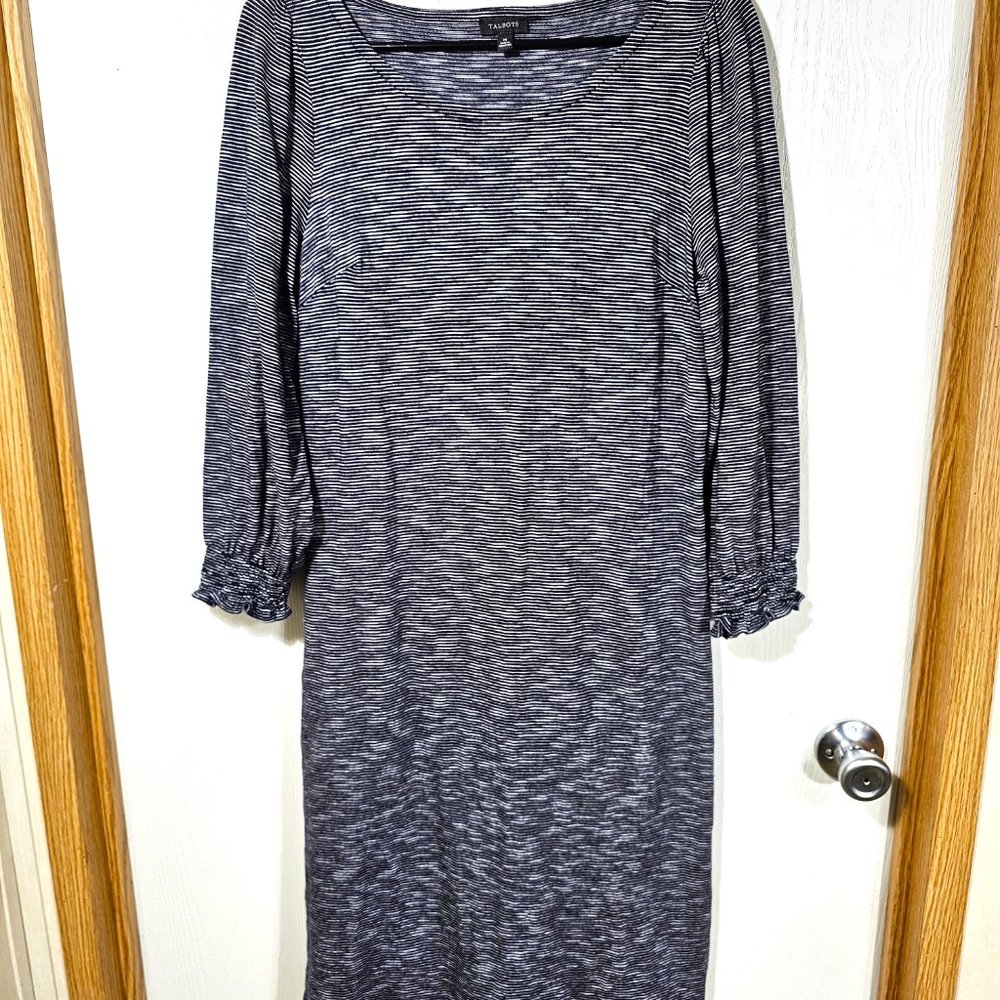 TALBOTS NAVY BLUE & WHITE Striped Cotton Boho Long Sleeve Sheath Dress Size M - Picture 6 of 6
